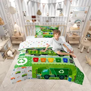Cartoon Garbage Truck Bedding Comforter Sets,Colorful Trash Can Cute Green Cars Trees Bedding Set,Bedroom