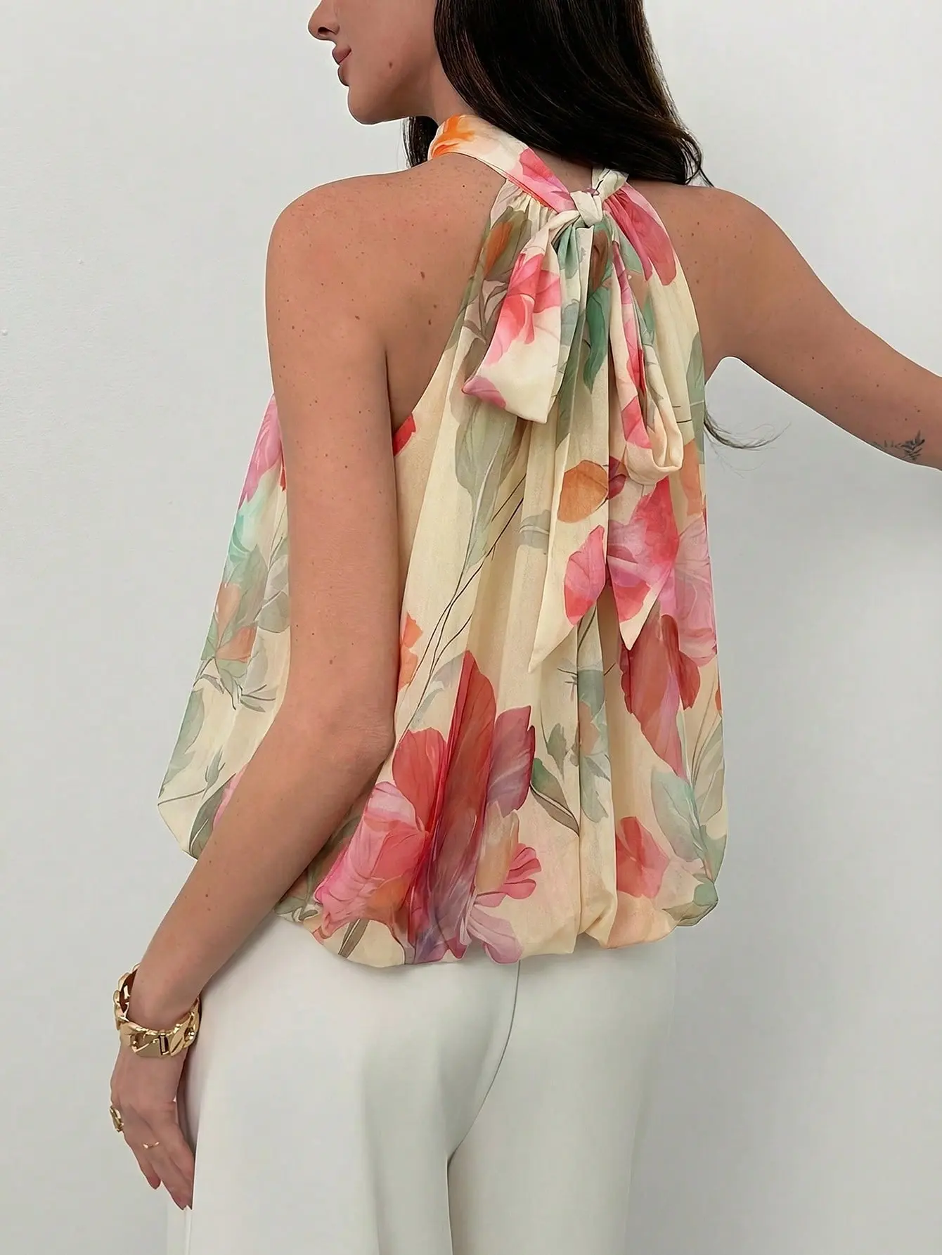 Women's Summer Elegant Floral Print Pale Yellow Chiffon Blouse, Date Night Halter Neck Sleeveless Loose Babydoll Top,Tropical Holiday Streetwear, babydoll top women, summer vacation top