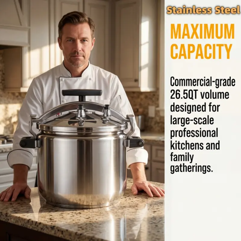 26.5QT Heavy-Duty Thick Stainless Steel Pressure Cooker Cookware with Handle - Explosion-Proof Stovetop Single Pot, Turkey Steamer, Induction & Gas Compatible, 2000+ml Capacity, Restaurant & Family Use