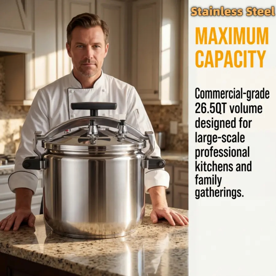 26.5QT Commercial-Grade Stainless Steel Pressure Cooker Cookware, Gas or Induction Compatible, Explosion-Proof Heavy-Duty Turkey Steamer, Hotel Kitchen Ready Kitchen Appliance for Family Restaurant Use