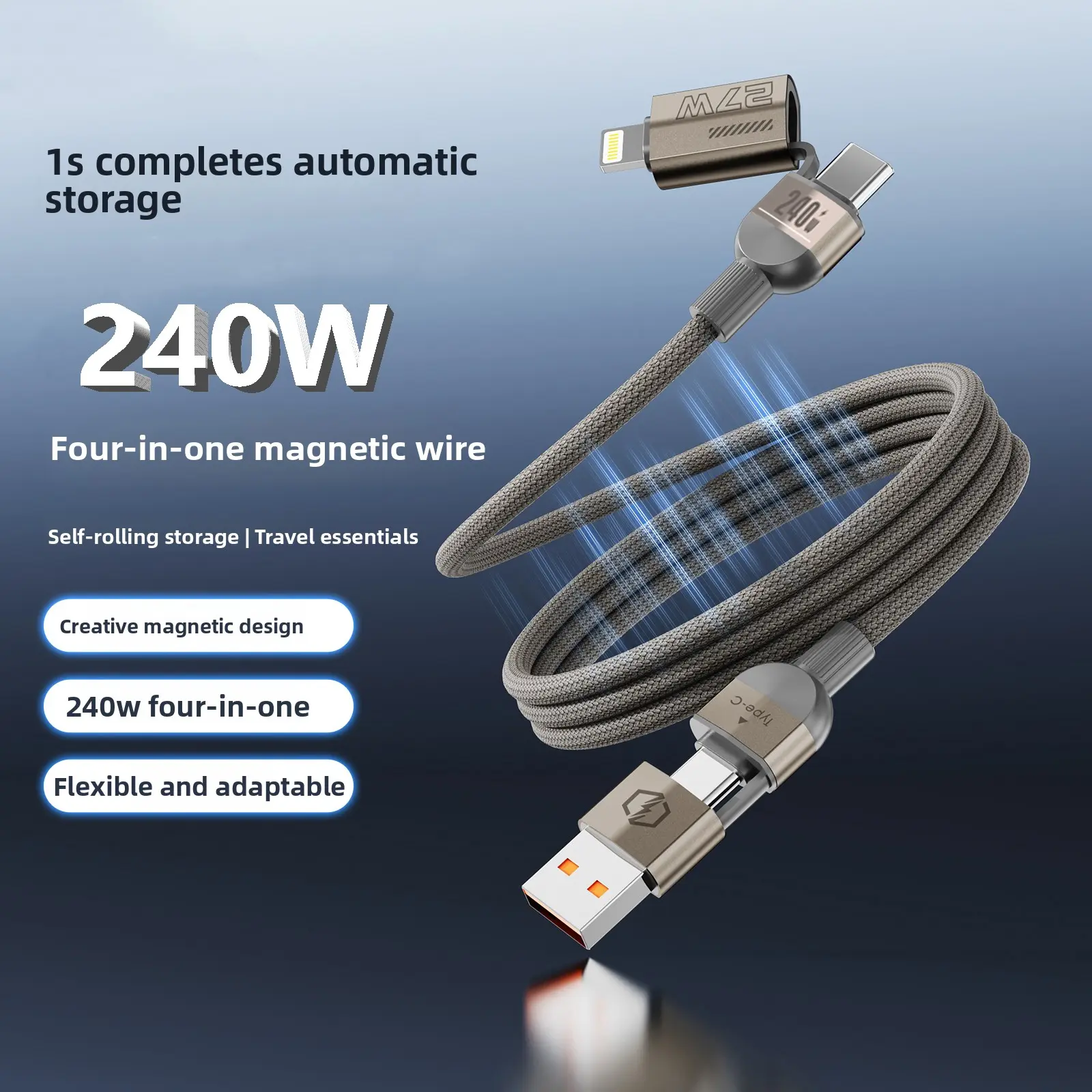240W USB-C Fast Charger Set with Magnetic Alloy Aluminium Design, Automatic Folding Storage Port, 3.3FT 4-in-1 USB-A+Type-C Lightning Data Sync Cable for Android Mobile Devices