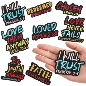 8/9 Pcs Bible Verse Embroidered Iron on Patches 3 Inch Motivational Religious Christian Sew on Applique for Hat Backpack Jacket Clothes DIY Accessories Decorations Lettered Embroidery Geometric Girl Set Fall Outfits Backpacks School