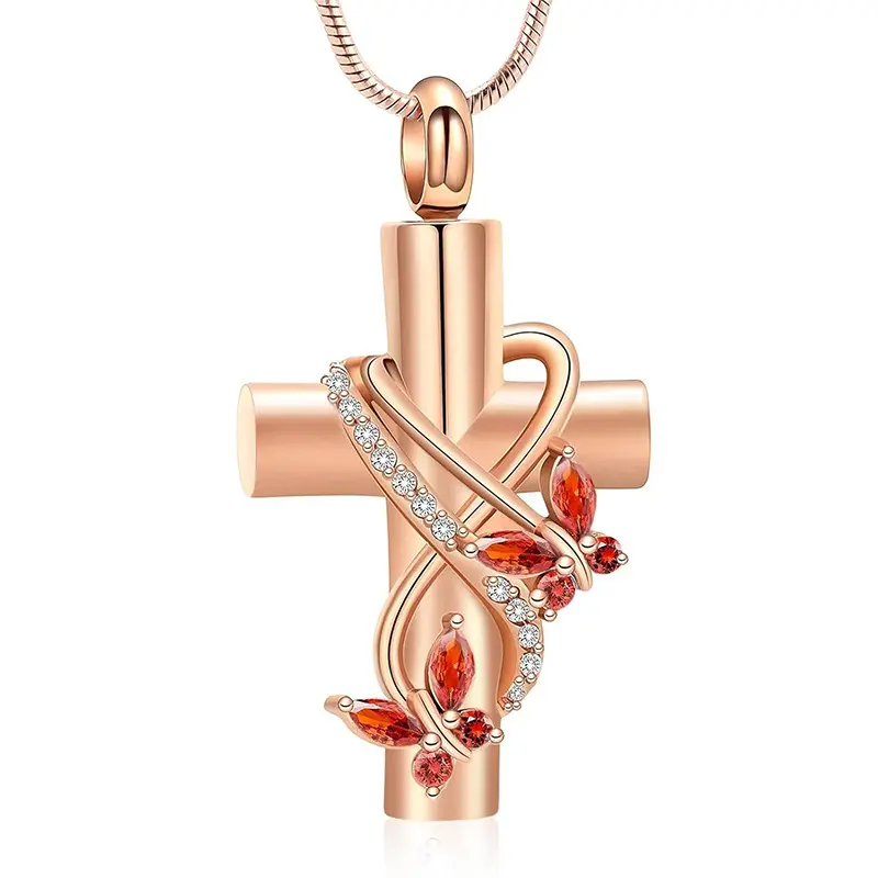 Rose gold red cross with butterfly diamo
