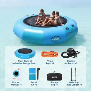 Water Trampoline for Lake 12FT – Inflatable Water Bouncer with Electric Pump, 595LB Capacity, Portable Bounce Swim Platform with Rope Ladder & Anchor, Fun for 5-7 People