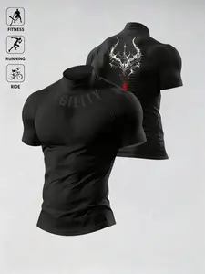 Men's Gothic Style Fitness T-Shirt, High Neck Design, Slim Fit, Ideal for Gym and Weightlifting, Sporty Short Sleeve Print