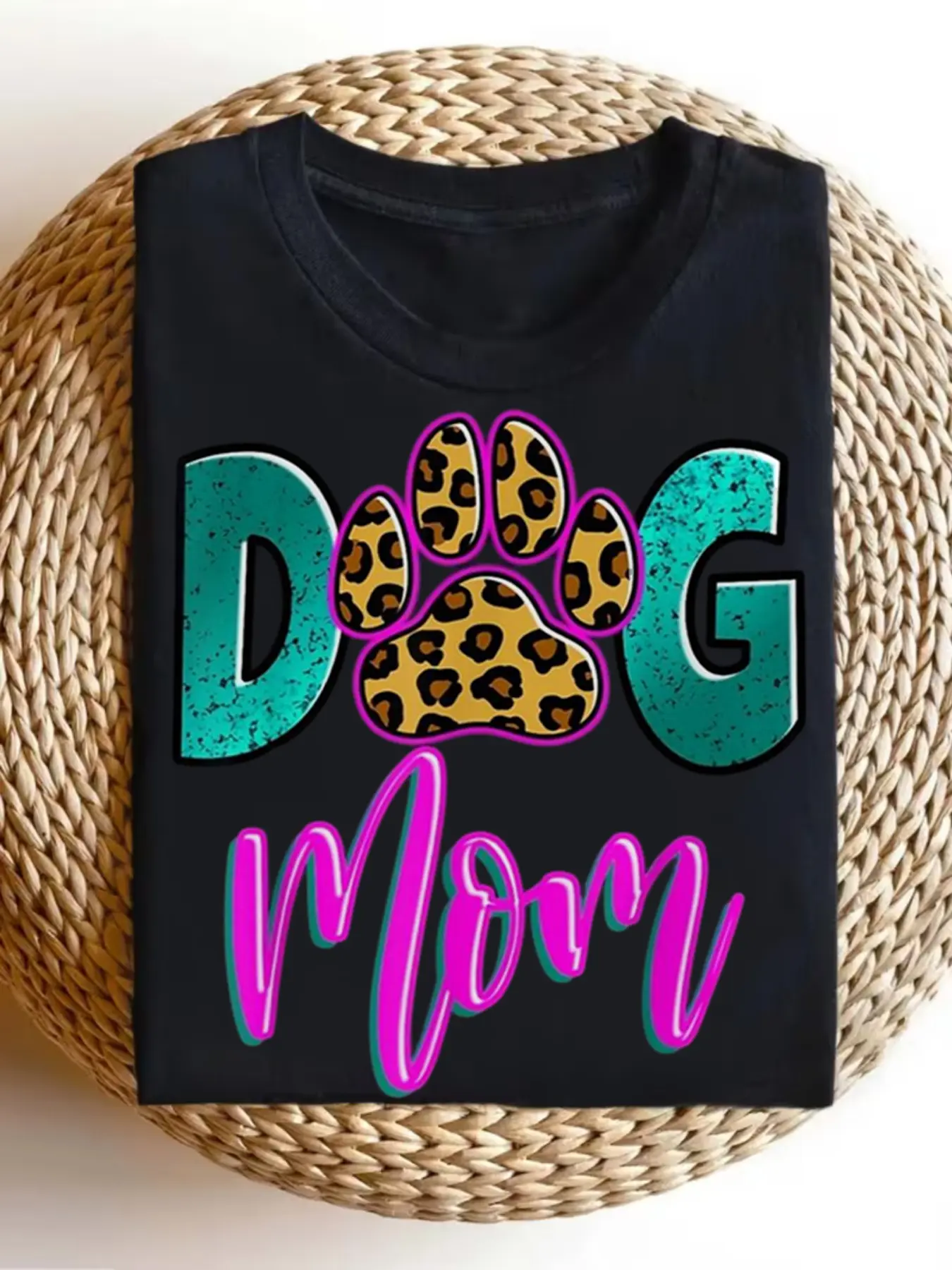 Men's & Women's Dog Paw Print T-Shirt - Black with Teal & Pink Lettering & Paw Prints - Soft Breathable Loose Fit Retro Pet Lover Tee for Dog Moms Casual & Party Wear All-Season Com, PLUS SIZE