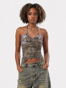 Aelfric Eden Belted Halter Top Slim Fit Halter Neck Tie Detail Belted Waist Accent Camouflage Marble Print Asymmetric Hem  Women's Streetwear Y2K Top