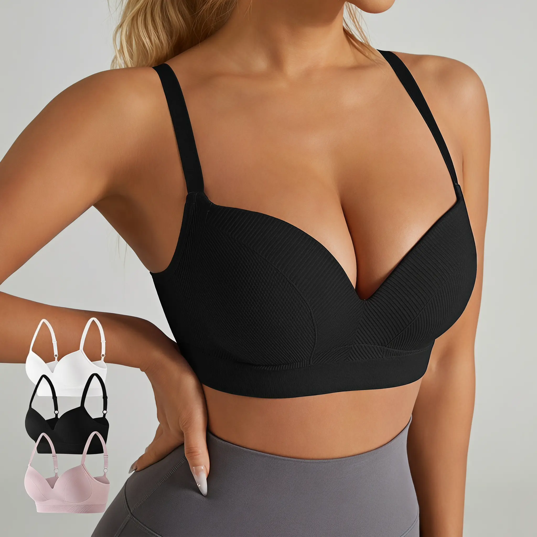Women's 3-Pack Wireless Seamless Ribbed Bralettes, Comfortable Adjustable Thin-Strap No-Underwire Soft Bras for Daily Lounge & Sleep
