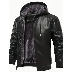 Men's Solid Color PU Leather Hooded Fashion Outdoor Jacket, Windproof Fashion Hooded Soft Shell and Fleece Coat Casual Elastic