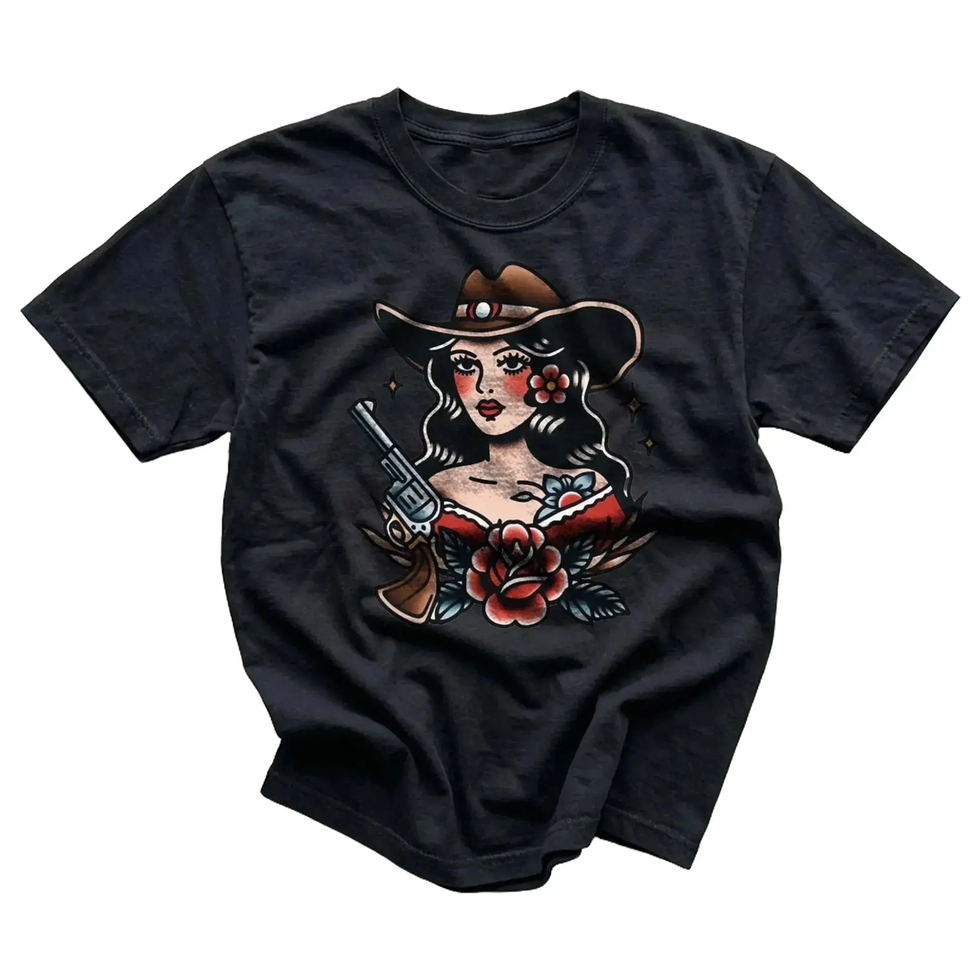 Cowgirl Tattoo Art T-Shirt, Retro Western Shirt, Western Fashion Gift for Girlfriend, Country Style Clothing, Rockabilly Top