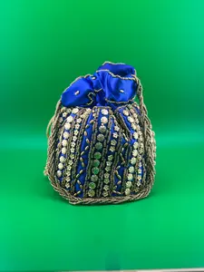 Bottom Flat Designer Ethnic Silk Indian Wedding Potli Bag, Silk Embroidery | Indian Ethnic Potli Bag | Hand Bag | Hand Purse for Party Wedding and Gifting | Women Potli Bag | Pouch | Coin | Phone | Key | Jewellery Purse for Women & Girls