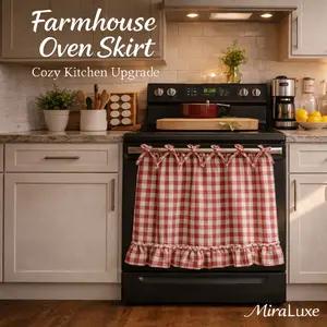 Farmhouse Style Oven Skirt Curtain, Grid Design with Ruffle Edge Strap Cabinet Cover - Suitable for Rural Kitchen Decoration, Oven Stove Cover Curtain, Cabinet Cover Panel, Home Kitchen Rural Style Apron