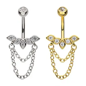 Dangling Chain Belly Button Ring, Gold Silver Marquise Gem Decor Double Chain Belly Button Piercing Jewelry Female