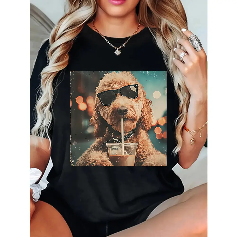 Cute Goldendoodle Drinking Iced Coffee T-Shirt, Dog Lover Gift, Coffee Dog Shirt, Pet Owner Gift