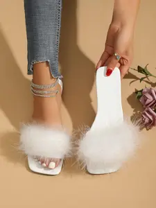 Cute Pom Pom Decor Slip on Square Toe Flat Sandals, Fluffy Decor Sandals, Fashionable Fuzzy Trim Design Sandals for Daily Wear, Casual Trendy Designer Shoes for Outdoor
