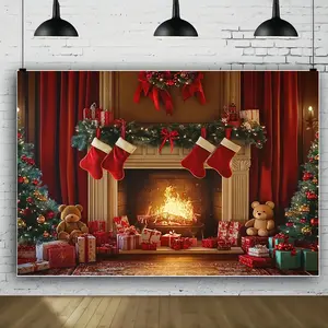 Festive Christmas Photography Backdrop with Fireplace Tree Stockings Gifts Rose Banner for Holiday Parties Studio Sessions and Decorations