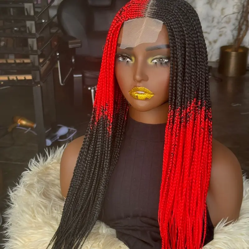 Closure Glueless Bianca Wig Ready to Ship - Red and Black Braids, High-Quality Synthetic Hair, Stylish and Versatile