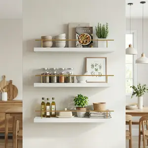 Spaco 15.7" Maple White Floating Wall Shelves - Modern Wood Storage for Bathroom, Bedroom, Kitchen & Living Room (Gold railing,Invisible Brackets, Decorative & Functional for Books & Organization)