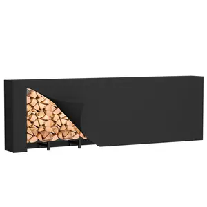 8ft Heavy-Duty Firewood Rack with Rain Cover Indoor Outdoor Moisture-Proof Log Storage Matte Black 4-inch Elevation Waterproof Cover