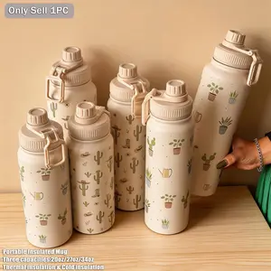 Western Cactus Pattern Dual-Layer Stainless Steel Insulated Cup, Mug, 600ML-1000ML, Outdoor Sports Portable Water Bottle, Drinkware, Office, Home, Gift