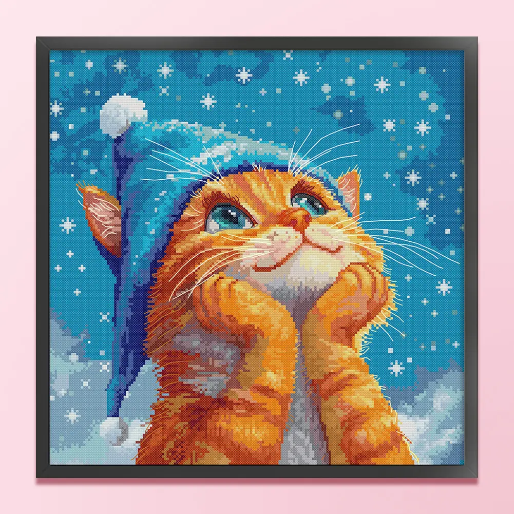 14CT Cat Printed Cotton Cross Stitch Kit for Adults - Rectangular 40x40cm Manual DIY Needlework, Soft, Colorful, Durable, 2 Embroidery Needles, Unique Gift, Home Decor, Soft, Colorful And Durable, Animal Art