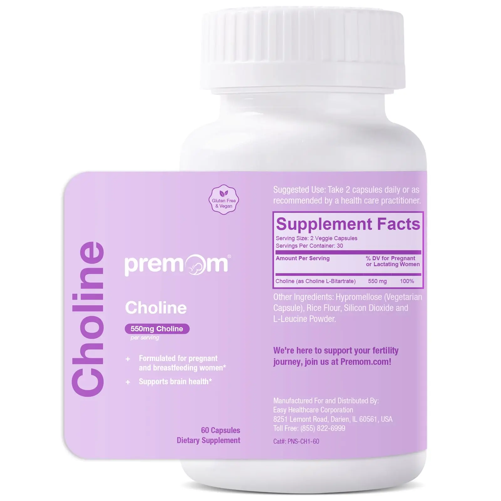Premom Prenatal Choline Bitartrate Supplement 550mg for Cognitive Development 60 Capsules 30 Days Supply Nutritional Support for Pregnancy Metabolism & Baby Brain Development