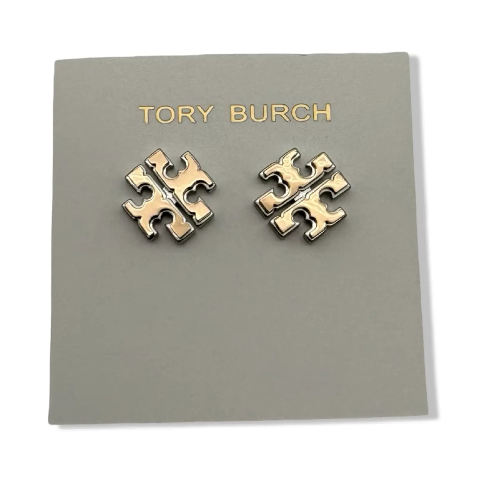 Pre-Owned Tory Burch Extra Large Logo Stud Earring Two Toned Gold Silver 5/8'' WIde, Multi - B0BPFDZW81