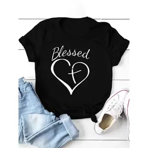 Blessed Heart & Cross Print T-shirt, Crew Neck Short Sleeve T-shirt For Valentine's Day Gifts