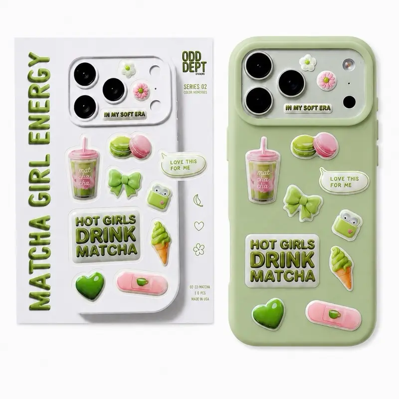 Odd Dept: Hot Girls Drink Matcha 3D Phone Sticker Pack – Cute Glossy Stickers for iPhone, Kindle, Laptop & Water Bottle (12 PCS)