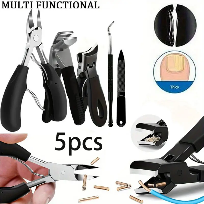 5-Piece Stainless Steel Ingrown Nail Care Set | For Seniors Thick Toenails, with Cuticle Nipper, Nail File & Pick