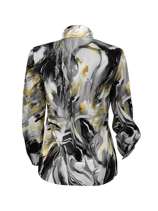 Women's Random Print Curved Hem Satin, Casual Long Sleeve Button Front Collared Blouse Top for Daily Wear, Ladies Clothes for All Seasons