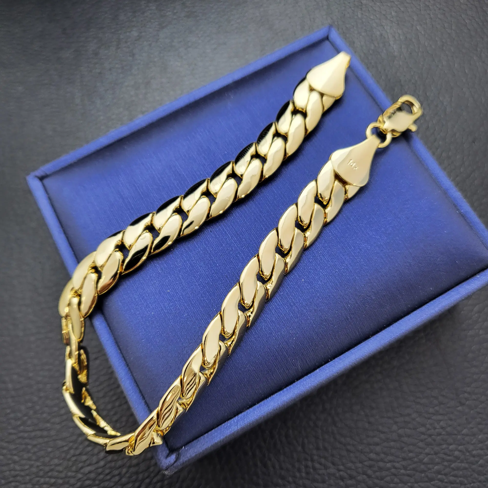 MaxBling81 Men's 14K Stamped 10mm 9" Gold-Finished Brass Concave Cuban Chain, Elegant Jewelry Bracelet, High-End Fashion Accessory