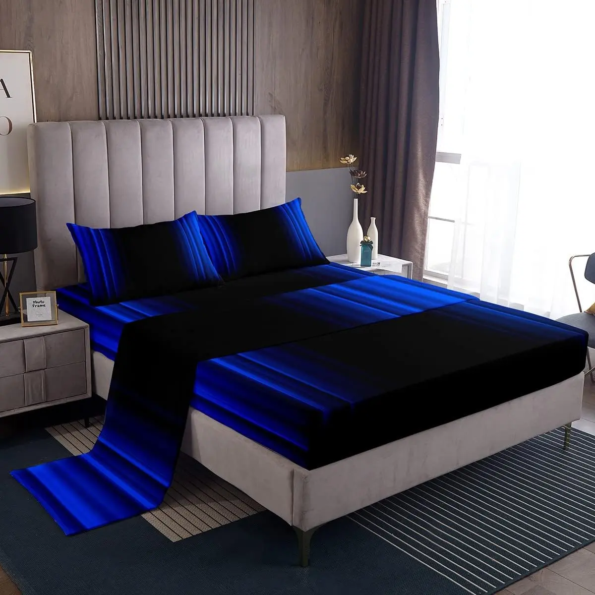Feelyou Geometric Abstract Ombre Dark Blue-Black Striped Bed Sheet Set - Breathable Durable Microfiber Soft Breathable Easy Care Fabric Modern Fashion Bedroom Collection, Breathable Durable Sheets