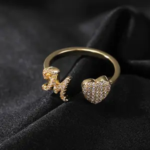 Initial letter ring, couple's heart-shaped ring with 26 English letters, adjustable opening, anniversary gift.