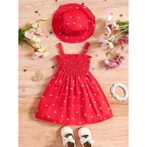 Girls' Stylish Suspender Dress with Hat for Spring And Summer, New Heart Print Dress for Baby Girls, Fashionable Dress