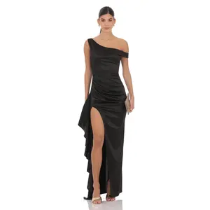 Lucy In The Sky Satin Off Shoulder Maxi Dress in Black