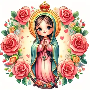 Cute Our Lady of Guadalupe Virgin Mary 5D Full Drill Diamond Painting Kit - Chibi Religious Art with Pink Roses, Crown & Halo, DIY Rhinestone Embroidery Design, Craft & Handicraft, DIY Kits, Faith Home Decor & Perfect Gift for Catholic & Religious Lovers