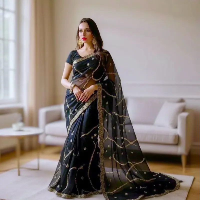 Organza mirror work saree for woman partywear Womenswear