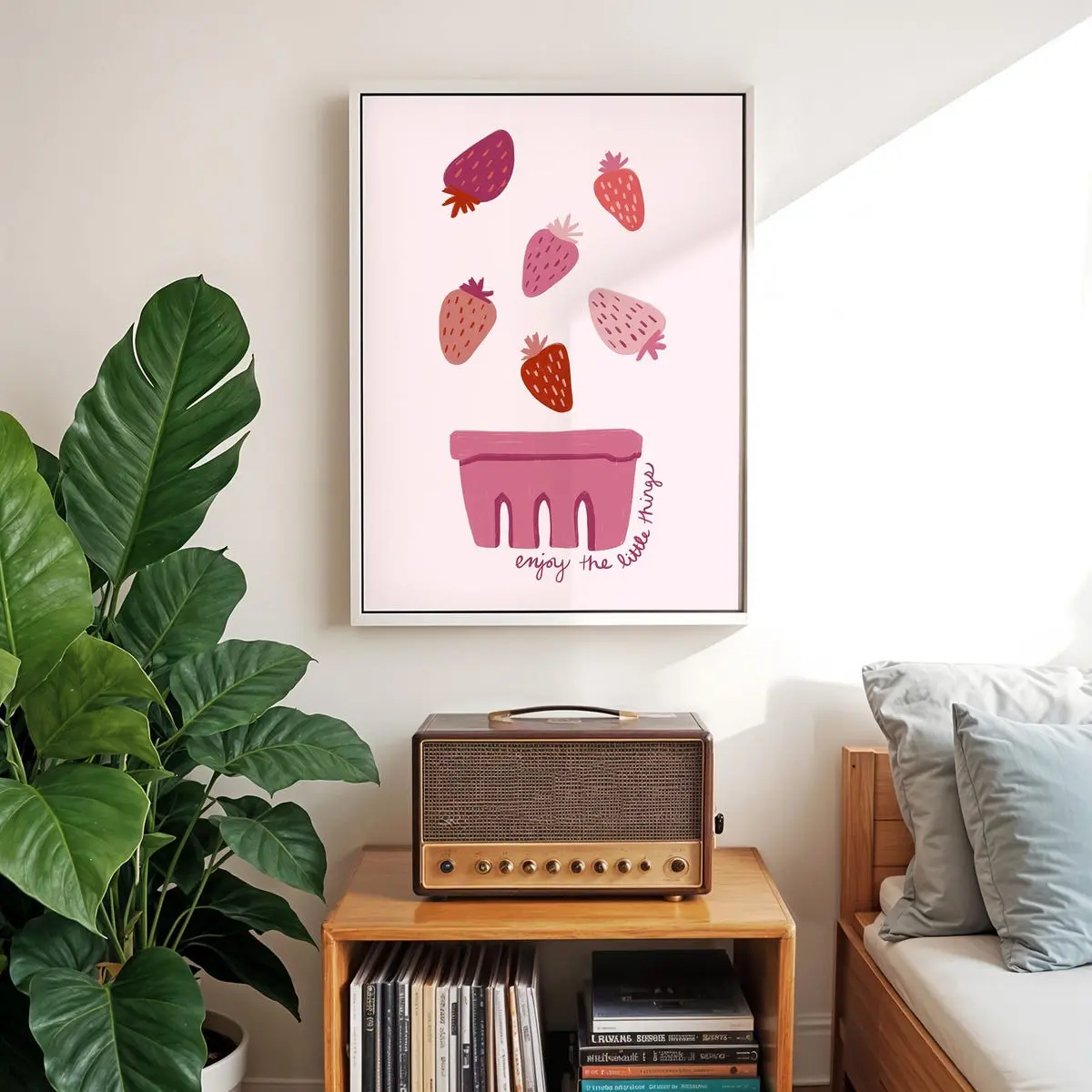 Strawberry Theme Decor, Kitchen Wall Art, Strawberries Art Print, Enjoy the Little Things Quote, College Apartment Decor, Room Decor, Unframed