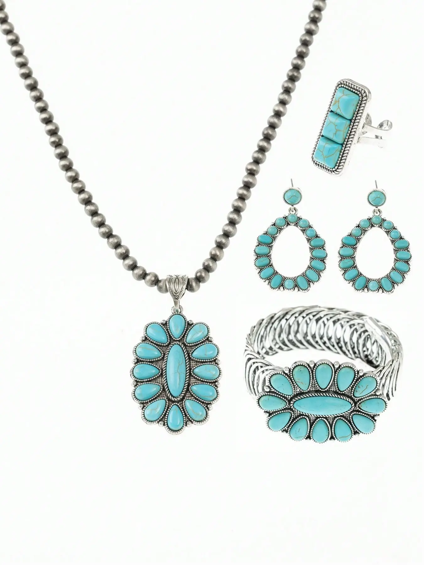 4-Pcs Bohemian Vintage Personalized Waterdrop Geometric Zinc Alloy Turquoise Necklace, Earrings, Bracelet And Ring Set, Elegant Jewelry Set, Suitable For Outfits, Daily Wear, Party, Holiday, Boho Jewelry Set, Turquoise Teardrop Jewelry Set