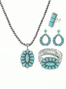 4-Pcs Bohemian Vintage Personalized Waterdrop Geometric Zinc Alloy Turquoise Necklace, Earrings, Bracelet And Ring Set, Elegant Jewelry Set, Suitable For Outfits, Daily Wear, Party, Holiday, Turquoise Teardrop Jewelry Set