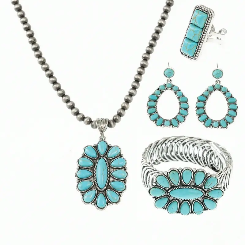 4 Pcs Bohemian Vintage Personalized Waterdrop Geometric Zinc Alloy Turquoise Necklace, Earrings, Bracelet and Ring Set, Elegant Boho Jewelry Set, Suitable for Daily Wear, Party and Holiday Outfits