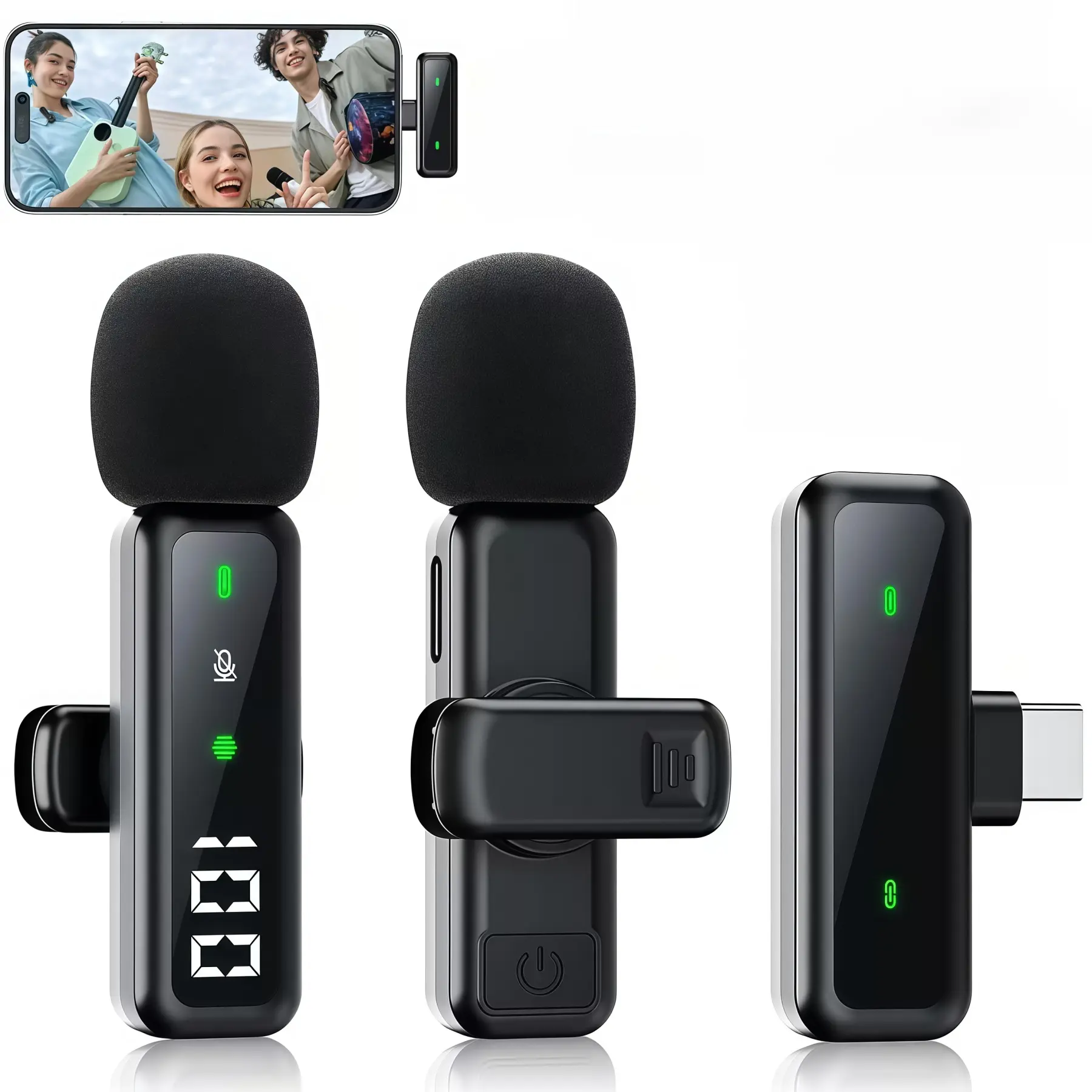 Wireless Mini Lapel Microphone - 65ft Range, Plug-and-Play, Rechargeable Receiver, Adapter, 360° Omnidirectional Audio, Noise Reduction, 14 Hours Batteries, Portable for Lightning/USB Type-C Smartphones, Android Devices, iPad Streaming Setup