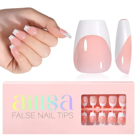 Aillsa Extra Short Coffin French Tip Press-On Nails - 180pcs Classic Nude/White Full Cover Soft Gel Tips, 15 Sizes, Easy to Wear, Soak Off, Reusable, Comfortable Fit, DIY Nailcare Set for Gel & Fake Nail Extensions,sohochic