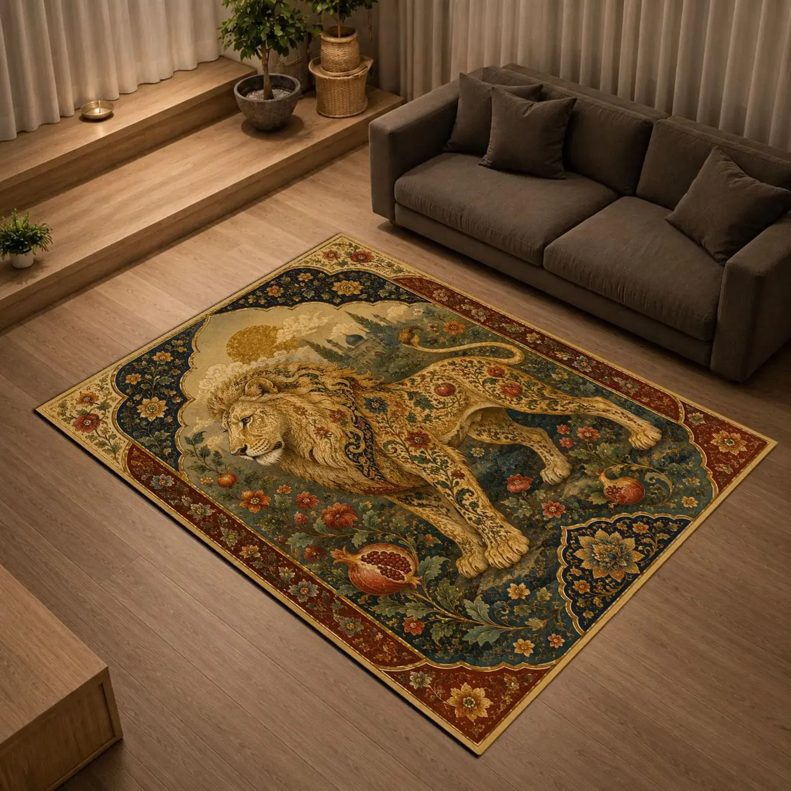 Pomegranate Lion Rug, Majestic Lion Area Rug, Floral Wildlife Carpet, Luxury Maximalist Decor for Living Room