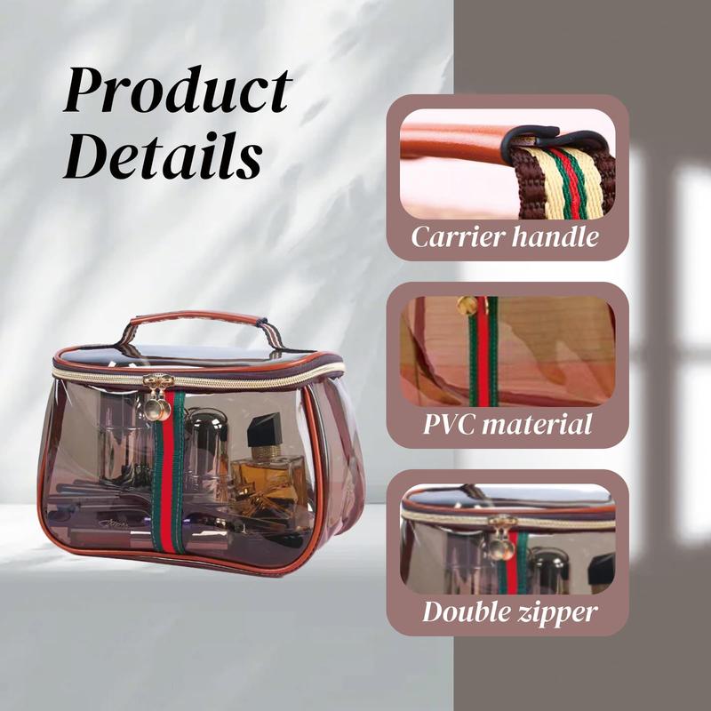 New Retro Vintage Vanity Bag, Capacity Makeup Organizer for Women, Ladies Travle Storage Case, Transparent Toiletry Bag, Portable Skincare Storage Case (Brown)