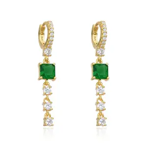 Noelle Green Huggies Gold-Tone Earrings with Square Green Gem and Diamond-Style Accents