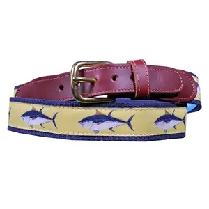SoliVisk Men’s Nautical Embroidered Leather Tab Belt – Blue Fin Tuna Design Proudly Made in USA