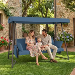 3-in-1 Hanging Patio Swing Bed with Adjustable Canopy, 3-Seater Supports 600 lbs, 45° Tilt Canopy, Outdoor Waterproof & Rust-Resistant, BLUE/champagne