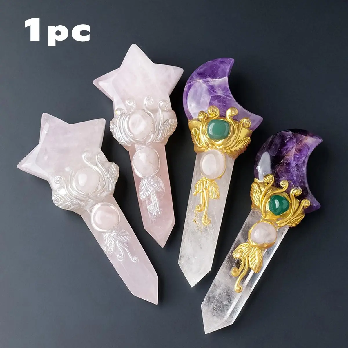 Mini Size Natural Healing Crystals Unique Crystal Design Moon Star Point Magic Scepter, Healing Stones Craft Fairy Wand, Party Halloween Decor, Christmas Gift